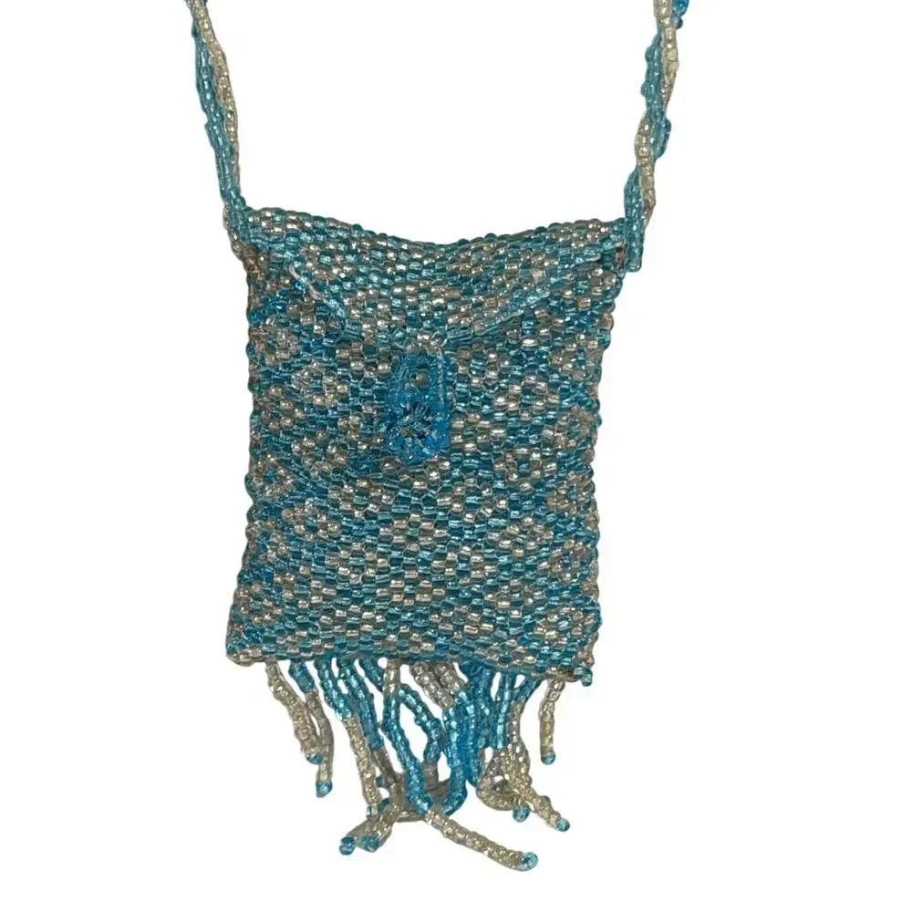 Vintage Beaded Medicine Bag Necklace Seed Bead Amulet Coin Pouch 36”